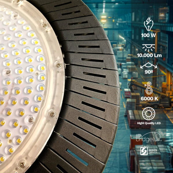 Lámpara colgante industrial Ufo LED 100W, 10000 Lm, 6000K – Pack 5 unidades