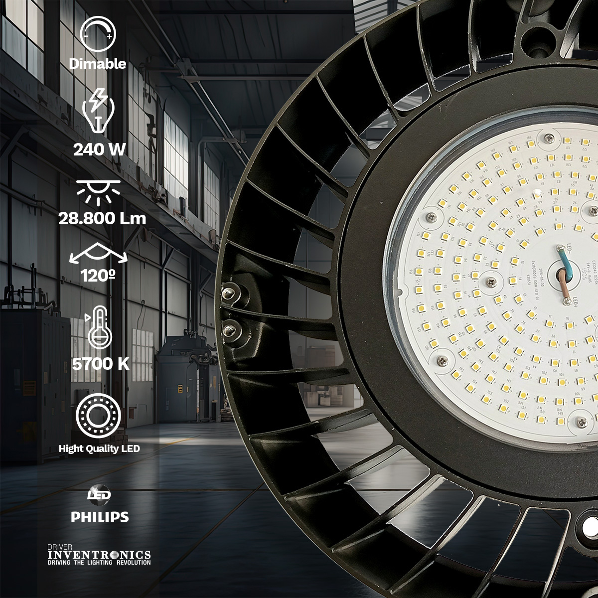 Lámpara colgante industrial Ufo Led 240W, 28800 Lm, 5700K - Imagen 2