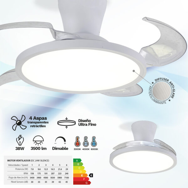 Ventilador de techo Slim 4 Aspas plegables Blanco