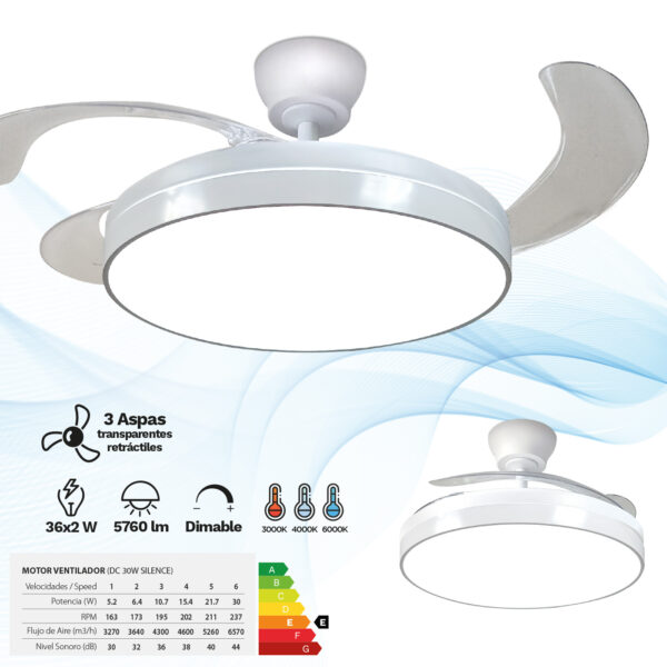 Ventilador de techo 3 Aspas Plegables Blanco