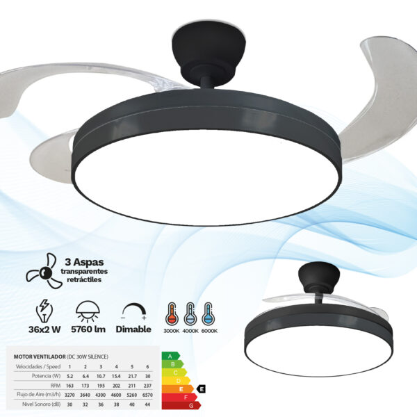 Ventilador de techo 3 Aspas Plegables Negro