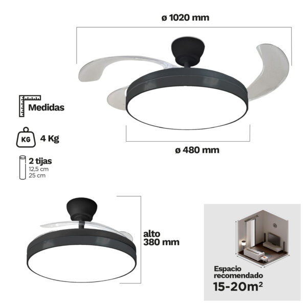 Ventilador de techo 3 Aspas Plegables Negro