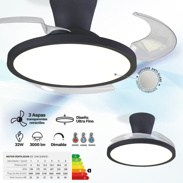 Ventilador de techo Slim 3 Aspas Plegables Negro