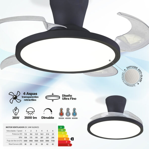 Ventilador de techo Led Slim 4 Aspas plegables Negro