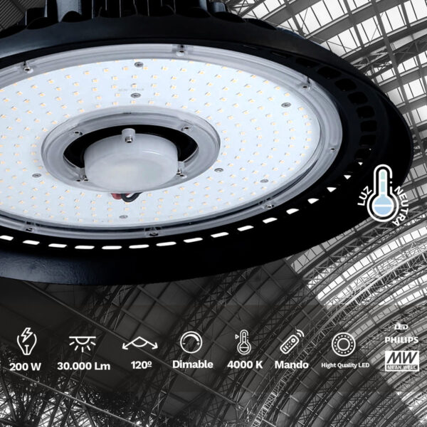 Lámpara colgante industrial UFO LED – Pack 5 unidades – 200W, 30000 Lm, 4000K